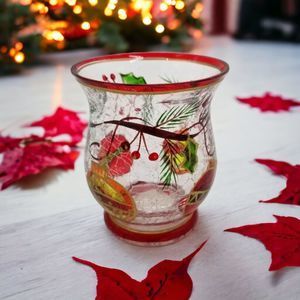 Holly Christmas Balls Votive Candle Holder Hand Painted Crackled Glass